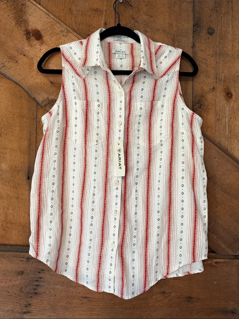 Ariat Women Relaxed Sleeveless Button Down Stripe Top Cream Red 10060369 M